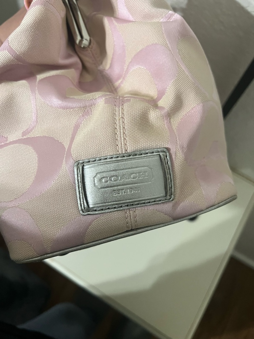 Coach Pink Signature Stripe Shoulder Handbag with Silver Trim - Picture 8 of 10